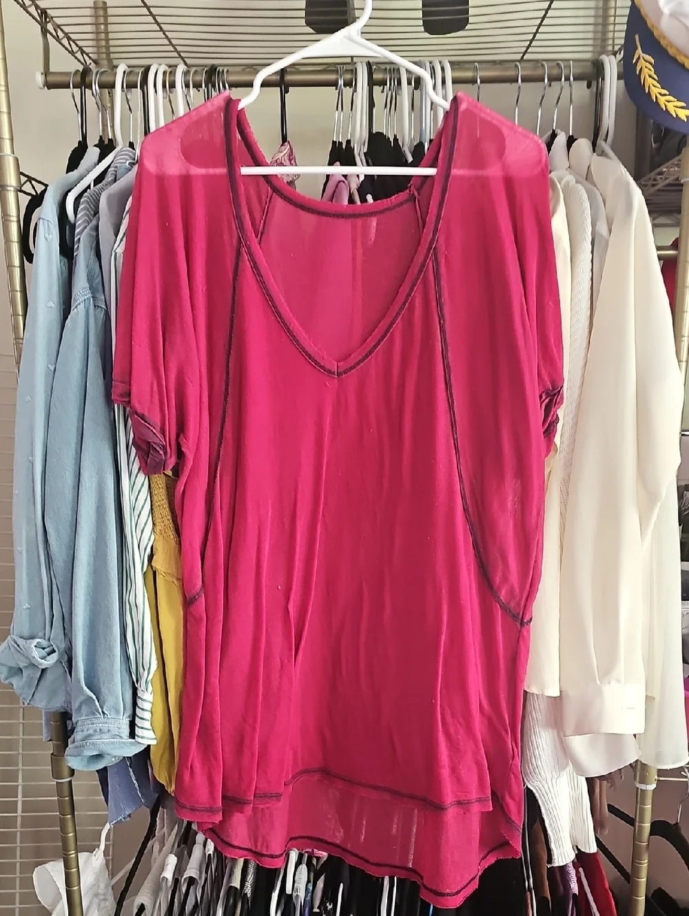 Free People V-Neck Short Sleeve Tunic - Raspberry - Picture 1 of 8